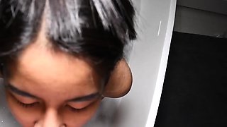 Skinny Thai femboy gives a POV blowjob in a bath tub at home