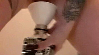 Creampie Pee Into Bottle with Funnel