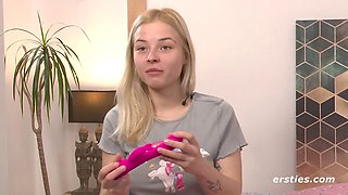 Cute blonde babe Bianca Bell from Ukraine uses a vibrator to fulfill her fantasies