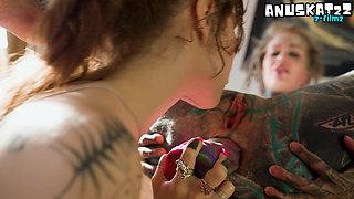 Lesbian Goth's Tattooed Asshole Dildo Play