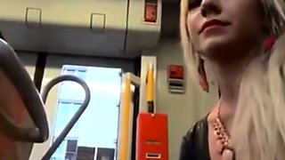 Nervous Boyfriend Receives a Bus Blowjob from His Blonde Gir