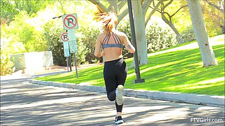 Sporty brunette teen babe Charlotte takes a jog without her top