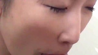 Japanese Babe Blows a Man with Hairy Cock and Swallows Cum After Showering