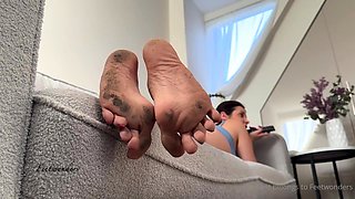 Busty brunette foot fetish and footjob in nylons