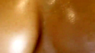 Hot young girl with oil on big boobs and ass sucked big dick