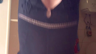 Masturbating with New Tight Clothes and Toilet Brush on the Balcony
