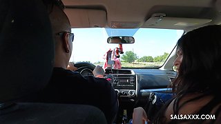Hot latina chick gets banged hard by car couple in a steamy session