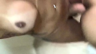 Feminine blonde ladyboy with big tits suck cock and analed