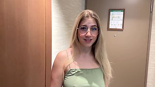 Amateur blowjob by a hot blonde teen in the bathroom