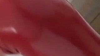 Hot Babe in Red Latex Jumpsuit Pumps Big Guys Cock