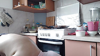 Amateur hairy brunette, big tits, sensual hairy woman in the kitchen. Sexy milf, hairy pussy, big ass
