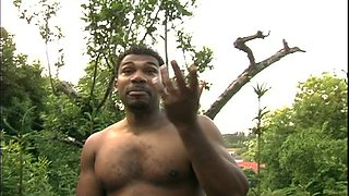 Interracial blowjob outdoors from bikini slut