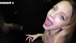 Pretty girls drop on their knees to blow through a gloryhole