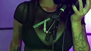 Busty curly brunette with big boobs fucks on couch