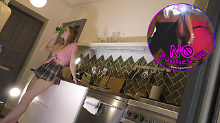 Flexible Hot Wife in the Kitchen Does Gym Training at Home by Spreading Legs and Taking Her Panties off Under Her Mini Skirt