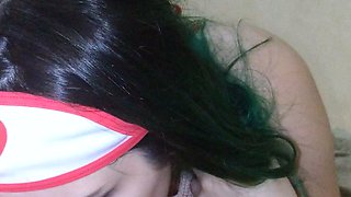 Dark haired amateur blowjob and handjob in fake taxi