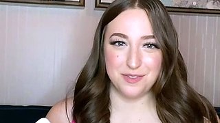 Busty curly brunette with big boobs fucks on couch