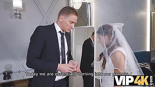 VIP4K. Man fucks bride's shaved pussy while guests are waiting for them