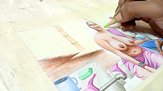 Erotic Art Or Drawing Of A Sexy Desi Indian Village Woman Fucking with Brother In law in An Open Bath