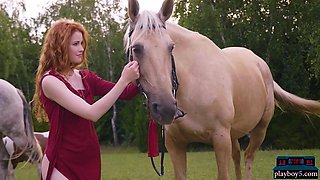 Gorgeous steamy redhead mommy outdoor solo