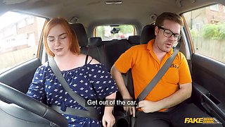 Redhead harley morgan takes a hard pounding in a car & swallows every drop - Fake Driving School