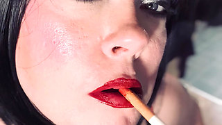 Smoking Mistress Tina Snua Chain Smokes 2 Superking cigarettes In Fishnet Gloves - Smoker smoke BBW Chubby