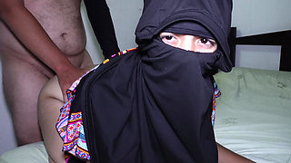 Young Indian Muslim woman in hijab has sex with stepbrother, her pussy is wet and tight.