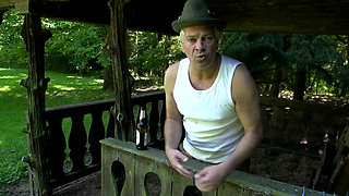 Inked blonde big boobed milf in sexy outfit pisses and been fucked outdoor