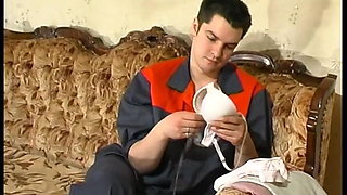 Russian mom punishes son by blowing and riding his cock