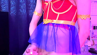 Ashe Vex - tranny masturbation solo in room, cumshot, oil, toy, wonder Woman lingerie