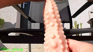 Beautiful Tanned MILF Naked Outside Dildoing Her Pierced Pussy with Huge 402me Merlin Dildo