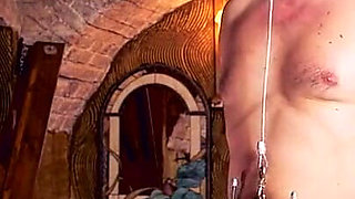 Whipping on restrained dick