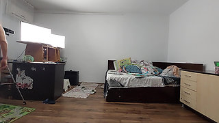 Sexy wife workout at home naked. Sexy brunette tries on pantyhose, hairy pussy, big ass, big tits.