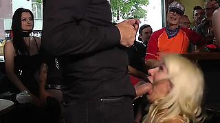 Public BDSM sluts fucked in pussy and mouth in front voyeurs