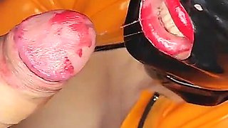 Blowjob in Latex Mask and Catsuit - Cum on Tits