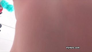 Flat blond hair babe slides on mall cops penis
