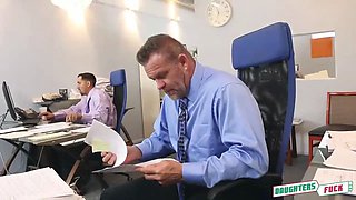 Horny teenagers seduce their old steppaps in a office