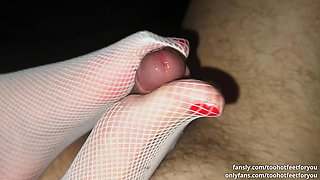 White fishnet stockings footjob in the car