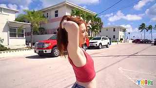Hot redhead undresses in public and deserves hefty cock indoors