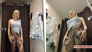 Blonde with big Tits Try on haul Clothes in Mall. Milf in Fitting Room