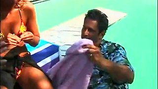 Blonde hottie drilled by the pool