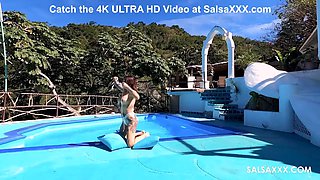 Tattooed Latina getting freaky by the pool