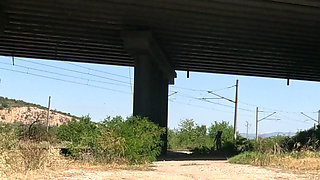 Slave Tih Shows Her Pussy and Tits Under the Bridge