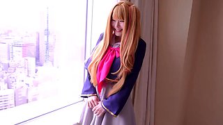Japanese babe in schoolgirl uniform masturbates