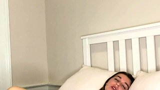Busty curly brunette with big boobs fucks on couch