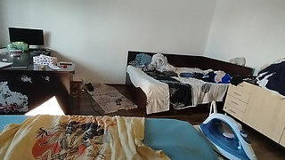 Sexy wife doing housework naked. Brunette, hairy pussy, big ass, big tits. Sexy mom massages herself with a vibrator.