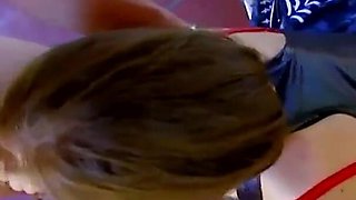Sexy brunette fucks two willing cocks on the porch