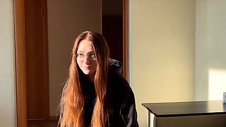 Sloppy oral job from a redhead with ginormous bra-stuffers