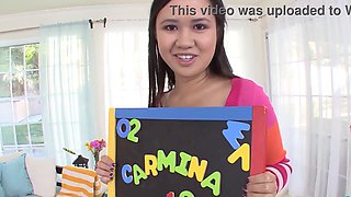 Carmina Kai's first time with a huge cock in POV - small tits, face fucking, and cum swallowing!