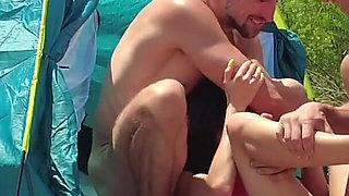 Two Males Met a Couple and Fucked His Girlfriend Right on a Public Beach.